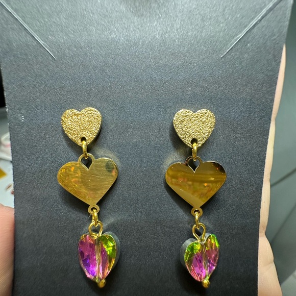 Jewelry - Gold Pink Triple Heart Drop Earrings